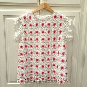 J. Crew Pink and White Crochet Floral Lace Blouse Size Medium